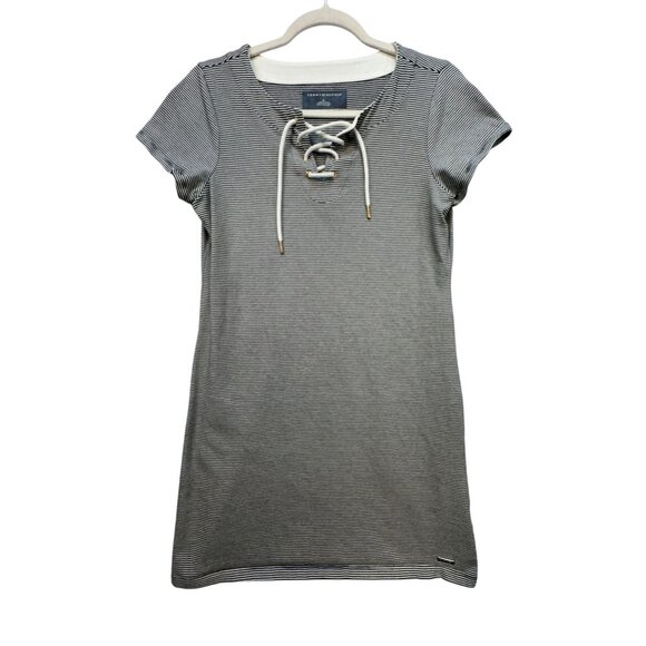 Tommy Hilfiger Womens Striped Lace-Up Dress M Navy & White Coastal Nautical - Picture 1 of 10